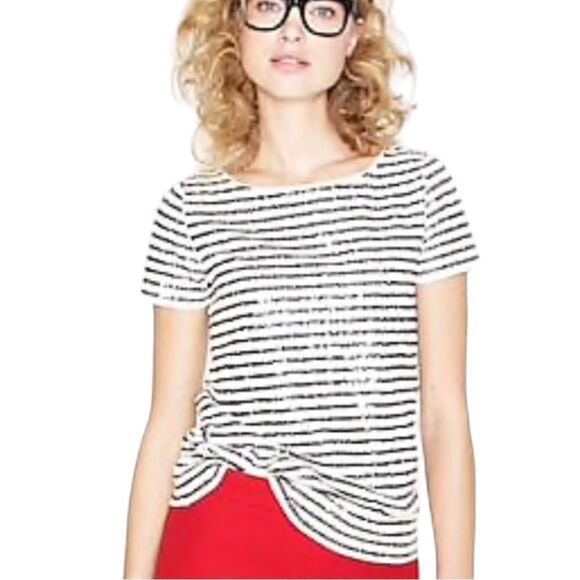 J.Crew Black Off White Stripe Sequin Pullover Top Size XS - Picture 1 of 10